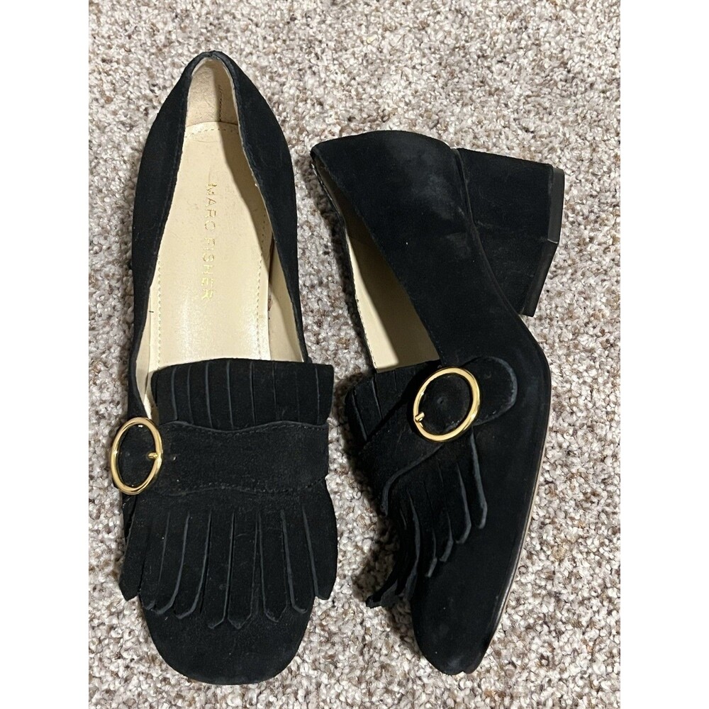 Marc Fisher Women's Loafers Suede Fringe Buckle Block Heel Black Size 6M - Picture 2 of 7